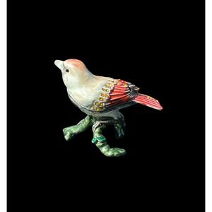 Vtg Female Cardinal Bird Pewter Jewelry Trinket Box Hinged Lid Enamel Jeweled
